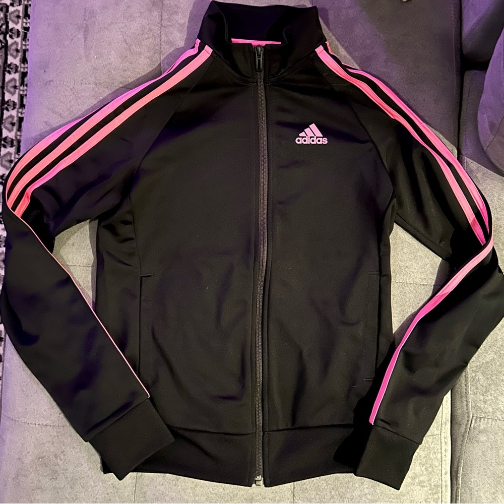 Adidas Black Jacket with Rose Pink Stripes Size XS